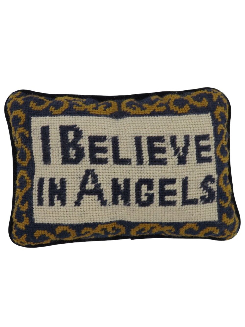 I Believe in Angels Wool Needlepoint Gold Scroll Blue Velvet Throw Pillow VTG